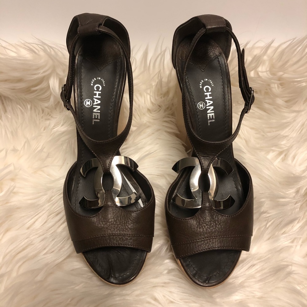 Chanel chunky 5” Heel, leather & wood 8.5, 38 1/2